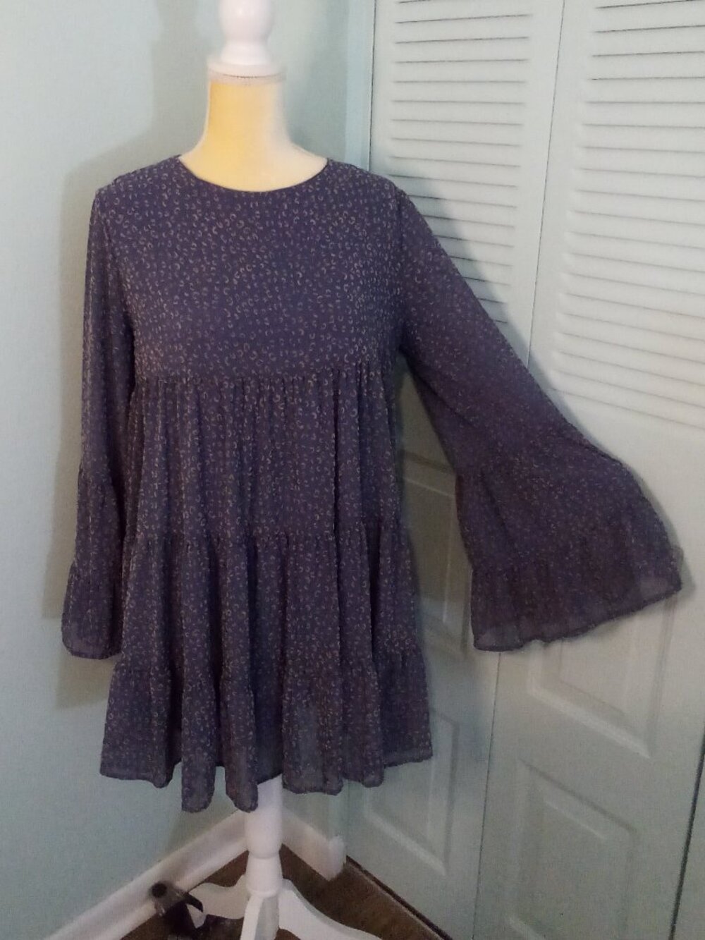 ALTAR'D STATE L LEOPARD PRINT PURPLE TAN TIERED BABYDOLL SHEER BELL SLEEVES BOHO